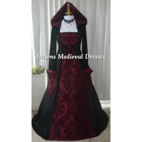 Medieval Gothic Hooded Wedding Dress Black & Burgundy